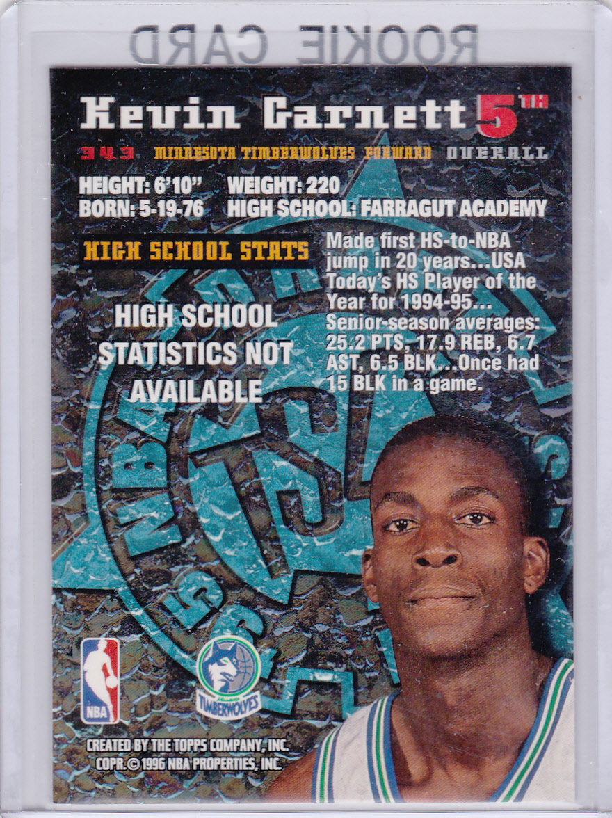 Kevin Garnett RC TSC 1995 Draft Pick ROOKIE CARD Timberwolves