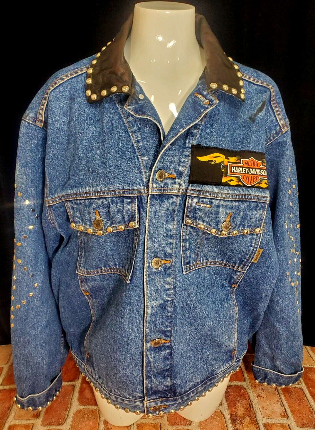 Custom Harley Davidson Studded Denim Jacket with American Flag Size L