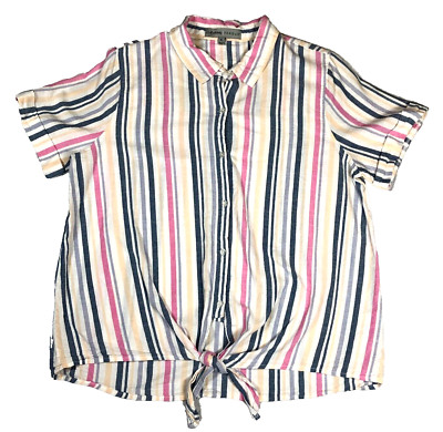 Absolutely Famous Womens Linen Blend Top Size XL Striped Button Up Short Sleeve