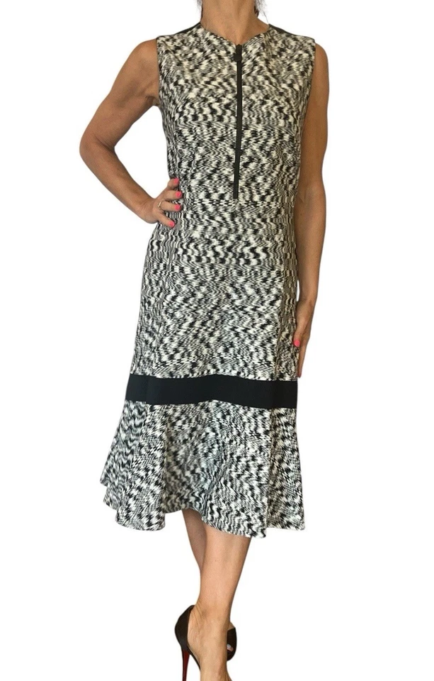 Akris Punto Front Zip Dress White Black Ikat Cotton Sleeveless Fit Flare Midi 12 - Image 2 of 4