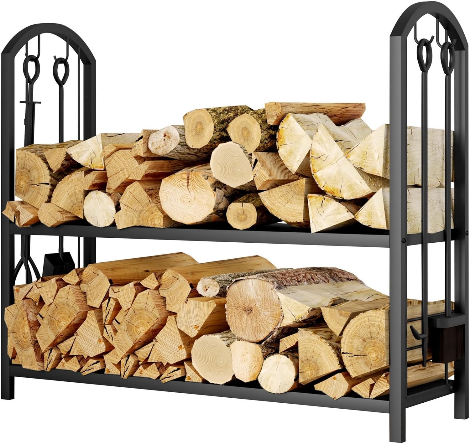 Cast Iron Firewood Log Rack with 4-Piece Tool Set for Elegant Fireplace Storage