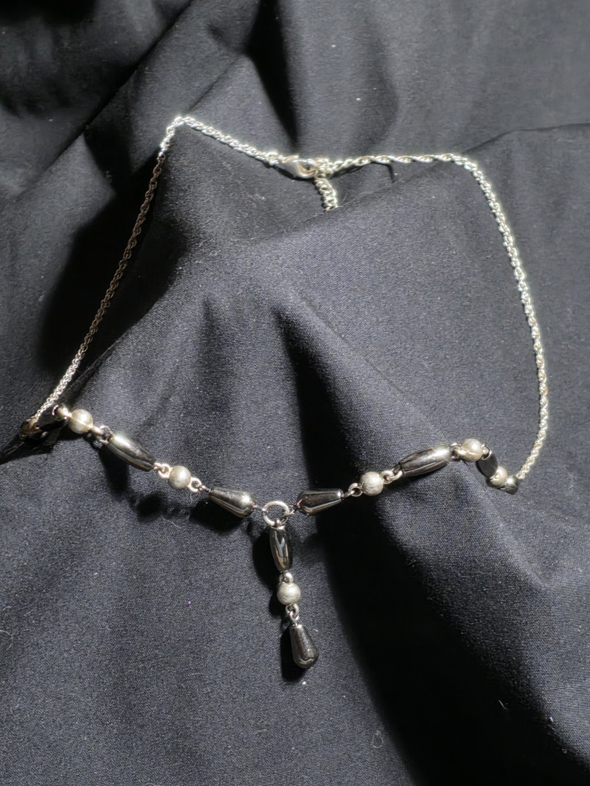 Silver Tone Rope Chain Black Bead Teardrop Pendant Y-Drop Dangle Necklace