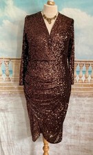 Evening Dress 16 18  20 Black Copper Sequin Wrap Style Midi Long Sleeve Stretch