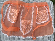 VINTAGE Fancy Half Apron Sheer Nylon Material Lace Trim Pockets Handmade OCT25