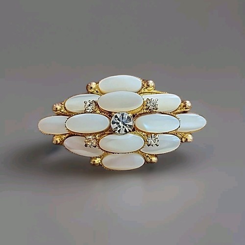 Vintage MOP Pin/Brooch Gold-tone 3D Stacked Oval Rhinestones Stunning - Picture 1 of 8