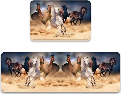 Animal Running Horse Kitchen Rug Set 2 Pieces Horses Herd Run in Desert Sand Sto