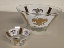 Vintage MCM Glass Chip and Dip Set Gold & Frosted Fleur-de-Lis Design