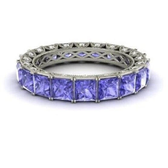 Anillo de compromiso de eternidad de tanzanita simulada princesa de 2 quilates enchapado en oro blanco de 14 quilates Foto 2 de 3