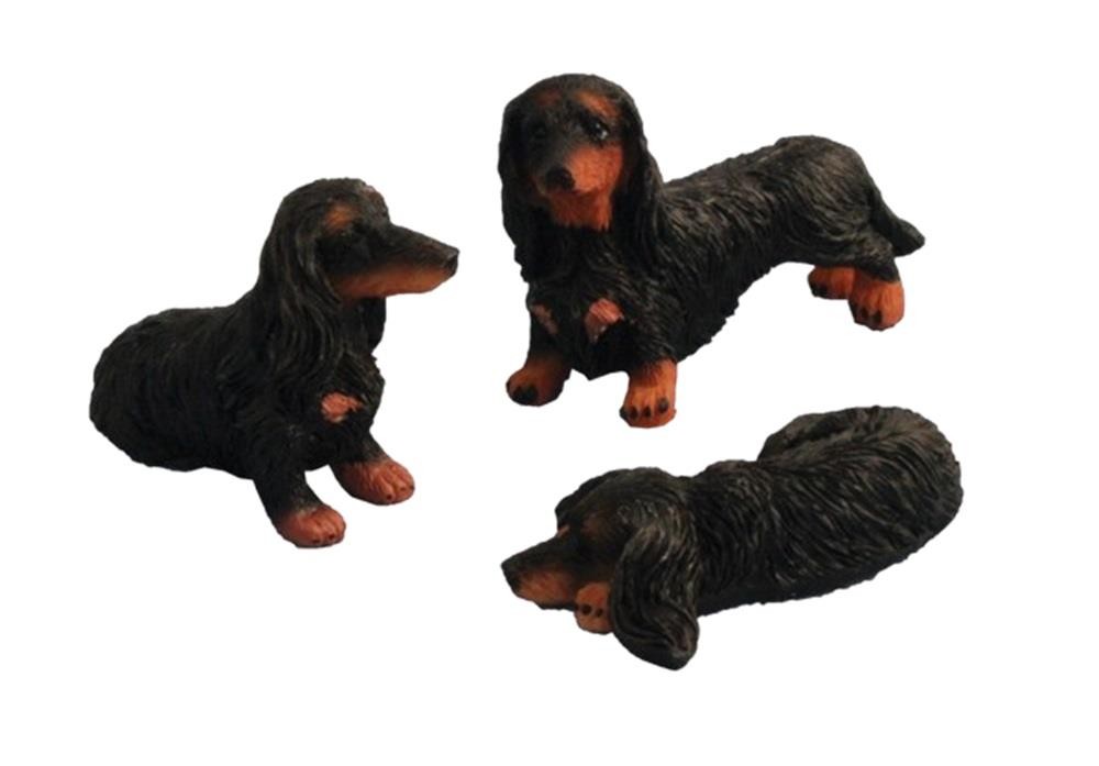 Dolls House Dachshund Dogs Long Haired Standing Sitting & Lying Down Black Pets