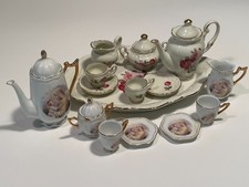 Vintage Miniature Tea Set With Virgin Mary Tea Set Gold Trim 15 Pc 4 saucers