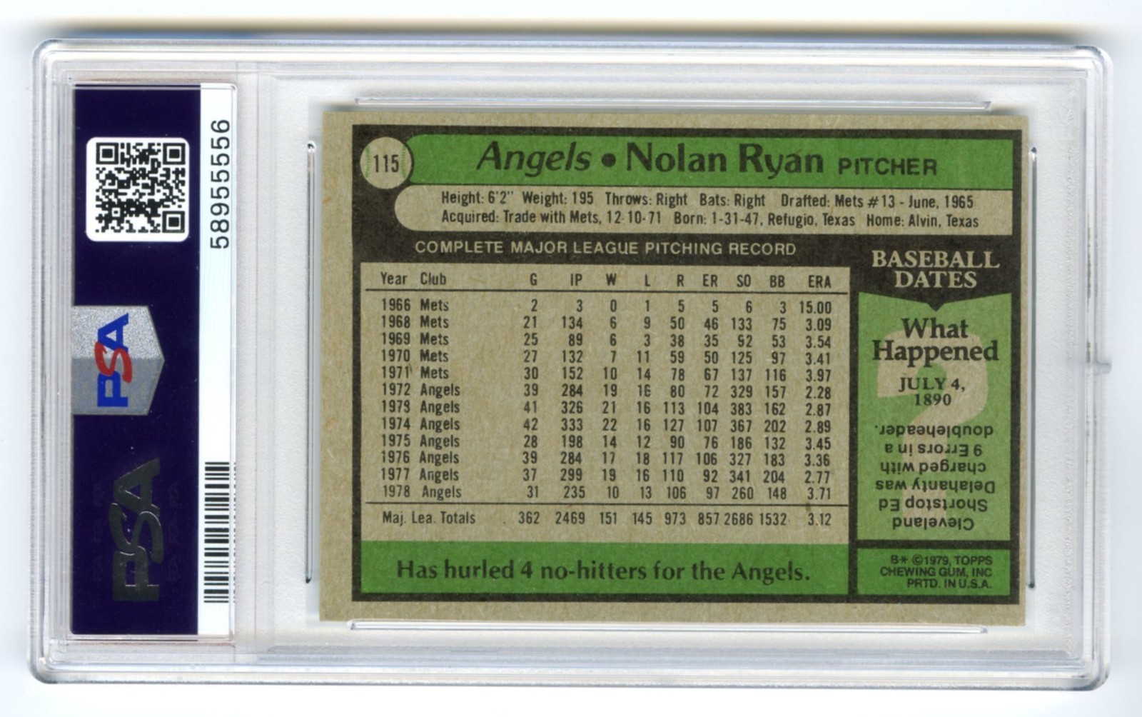 NOLAN RYAN~ CALIF. ANGELS~1979 TOPPS PSA-7 NM HOT BASEBALL CARD #115 (NEW CASE) view 2