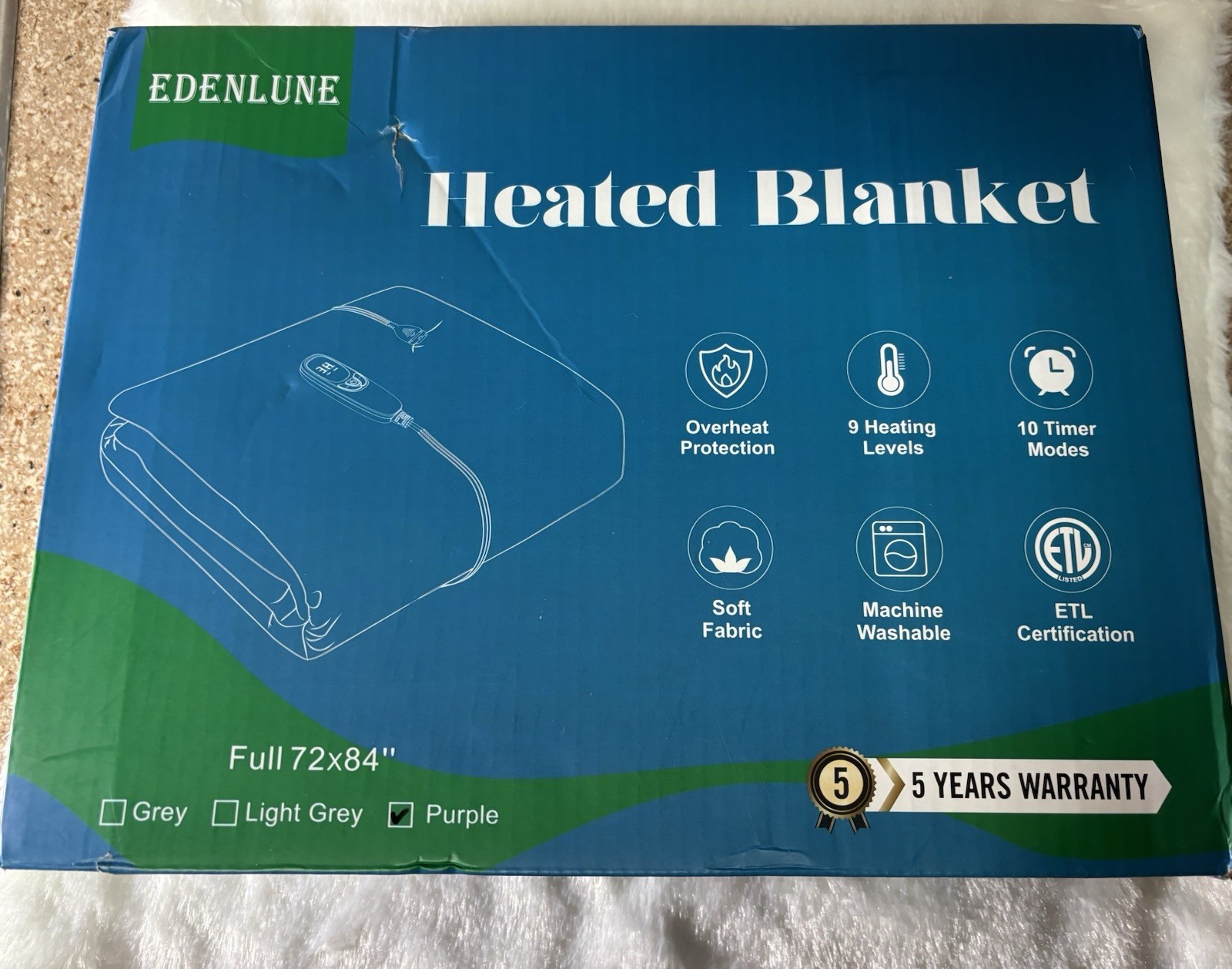 EDENLUNE Electric Heating Blanket Purple 9 Levels 10 Timer M