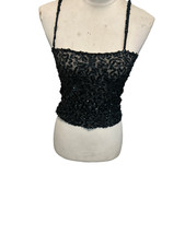 Vintage Cropped Sequined Beads Camisole Womens Size Small Straps Black