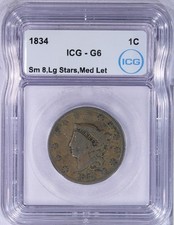 Centavo cabeza corneta 1834 1C ICG G6 pequeño 8, estrellas Lg, letras medianas