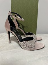 Gucci GG Crystal Embellished Rhinestones Heels Pink Nude Satin Sandals EU40/US10