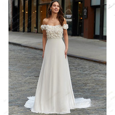 Chiffon Boat Neck Wedding Dresses Off Shoulder 3D Flower Button Sweep Train Gown