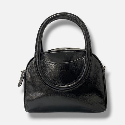 Staud Women's Black Leather Crinkled Texture Mini Bowler Maude Top Handle Bag