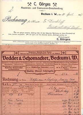 BECKUM i. W. 2 x Rechnung 1907/1920 Fahrräder Vedder & Schomacker, Görges Eisenw