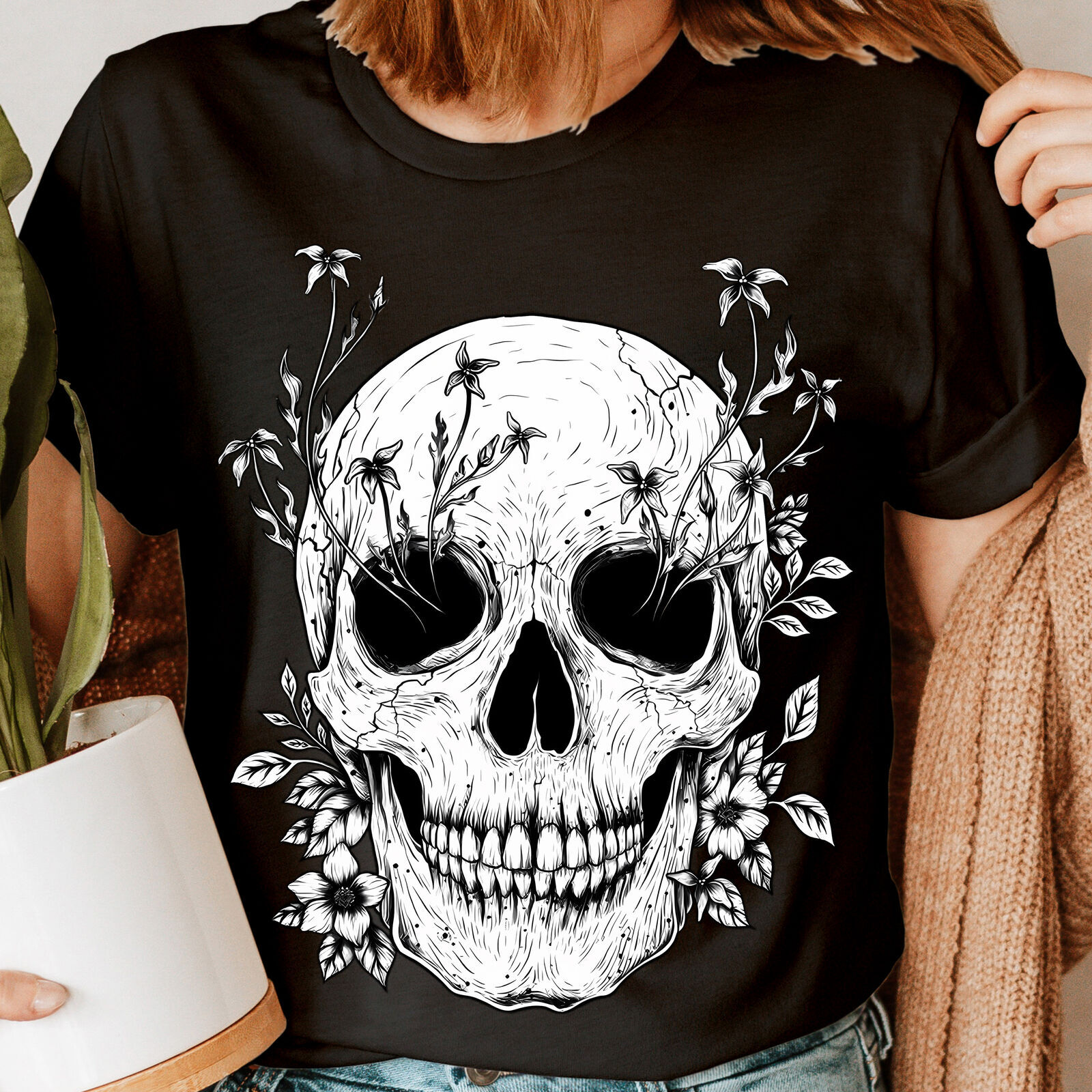 Camiseta Top Calavera Y Flores Eslogan Rocker Motociclista Esqueleto Mujer #6ED