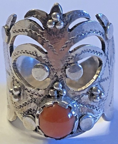 Vintage Antique 925 STERLING SILVER Mask Shape Coral? Ring Turkish Persian Sz 8