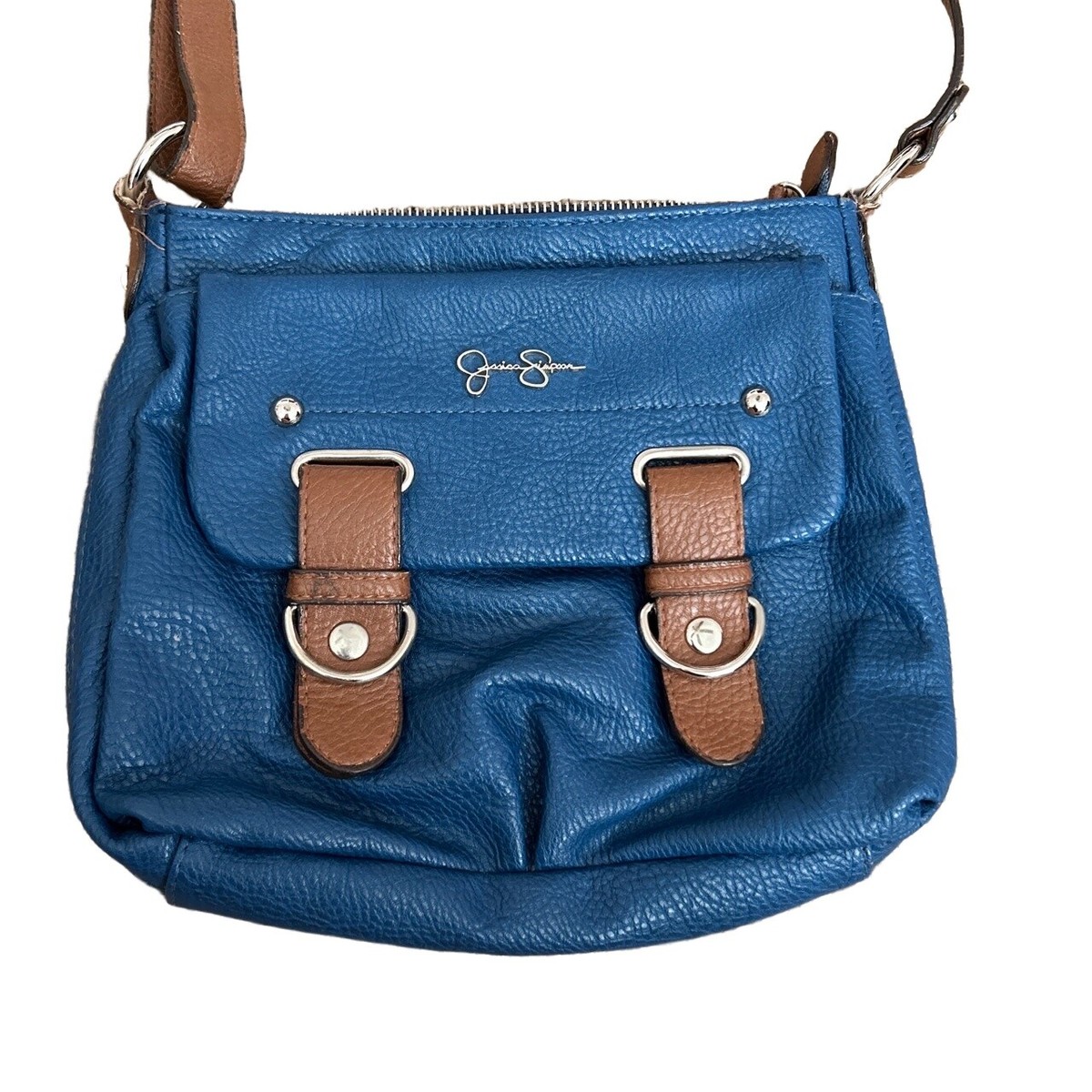 Jessica Simpson Blue Brown Leather Crossbody Handbag