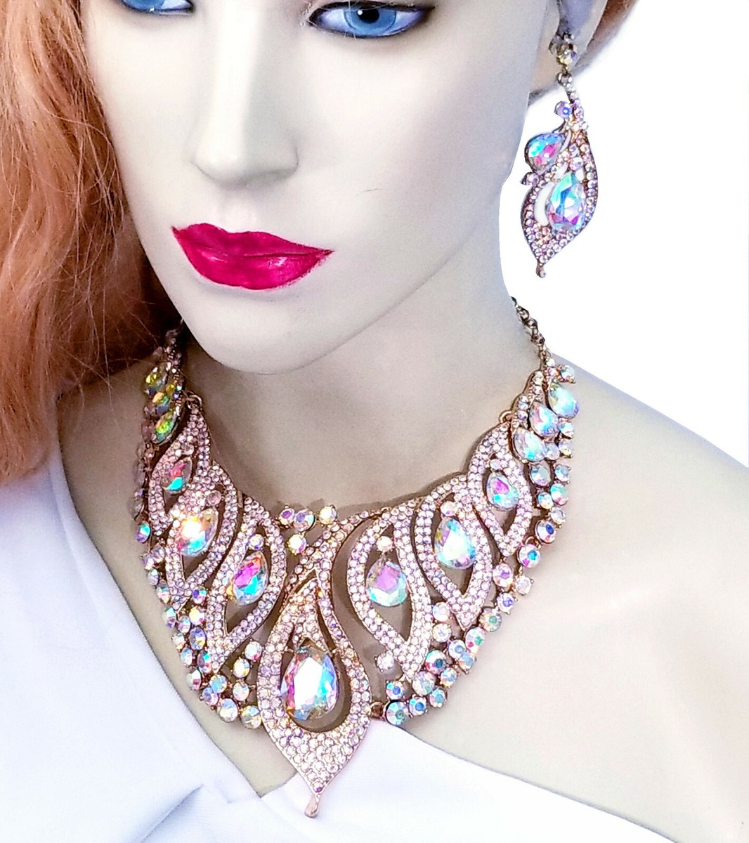 AB Statement Necklace Earring Crystal Rhinestone Bridal Pageant