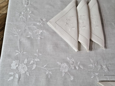 Pure Linen Embroidered Tablecloth Hand Finishes 185x280cm 12 Seater