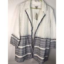 NWT Chico's Eyelet Embellished 3/4 Sleeve Jacket Women Size 4 Whit/Blue Cotton