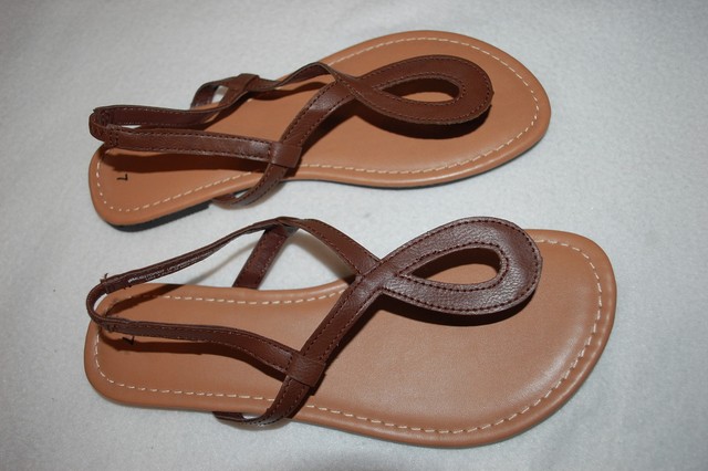 Womens BROWN THONG SANDALS Oval Design T-STrap PULL ON Ankle Strap SIZE 7 | eBay