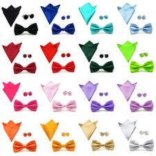 Men Solid Satin Pre-tied Bowtie Pocket Square Cufflink Handkerchief Bow Tie Set