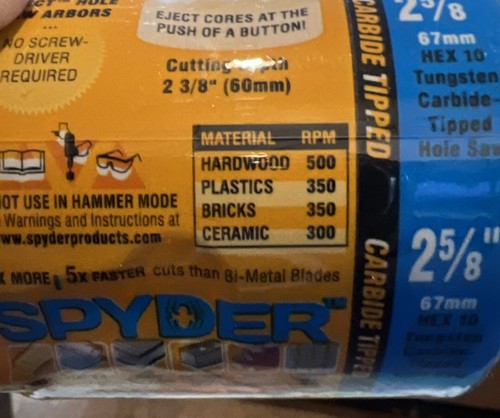 NEW Spyder 2 5/8 “ Hole Saw Carbide Tipped 600036CF Plastic Brick Hardwood B