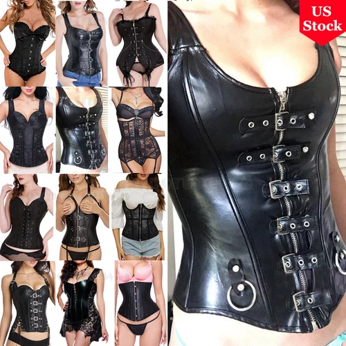 Sexy Ladies Black Boned Corset Tops Punk Basque Burlesque Lingerie Plus US Size - Picture 1 of 45