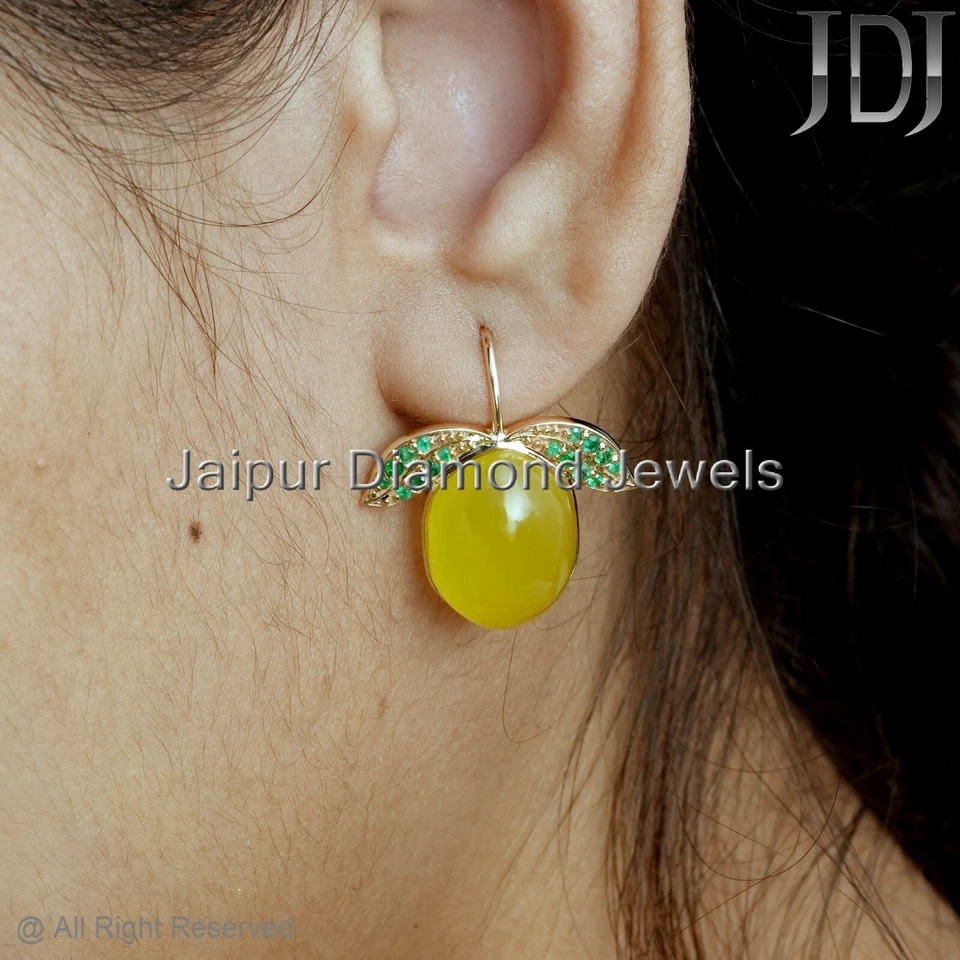 Aretes de oro amarillo de 14K con piedras preciosas de cuarzo limón esmeralda natural mango fruta Foto 4 de 4