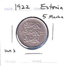 1922 Estonia 5 Marka (KM-3) Copper-Nickel [Aron Hirsch HKM Mint]  One-year issue