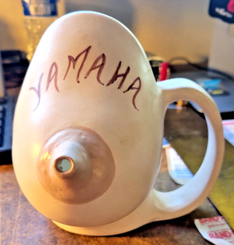 BOOB NOVELTY CERAMIC SIPPY NIPPLE CUP MUG NAUGHTY W/ YAMAHA ON MUG 1970's