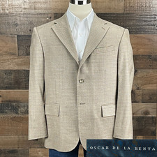 Oscar De La Renta Sport Coat Suit Jacket 42S Tan Houndstooth Silk Wool Blazer