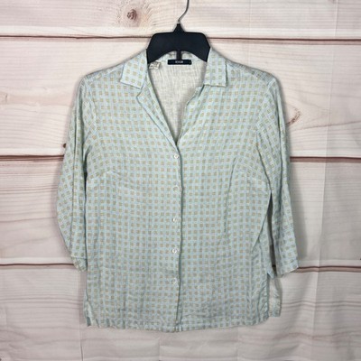 Benson NYC Top Womens Small Blue Square Print Shirt Cotton Button Up 3/4 Sleeve
