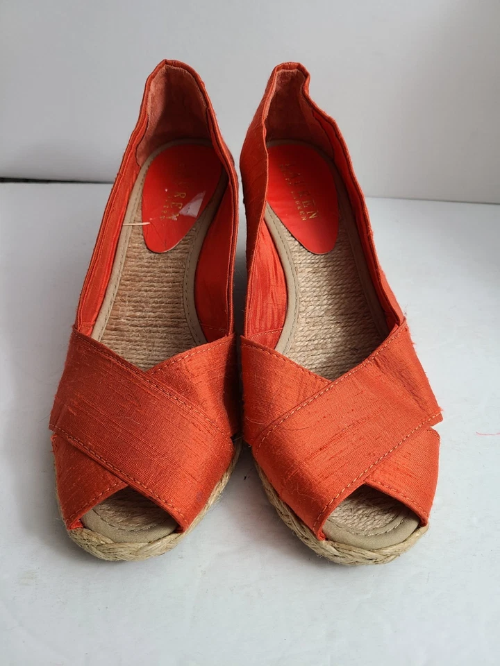 De Colección Ralph Lauren Cecilia Naranja Seda Peep Toe Cuña Alpargatas Talla 7.5  Foto 2 de 4