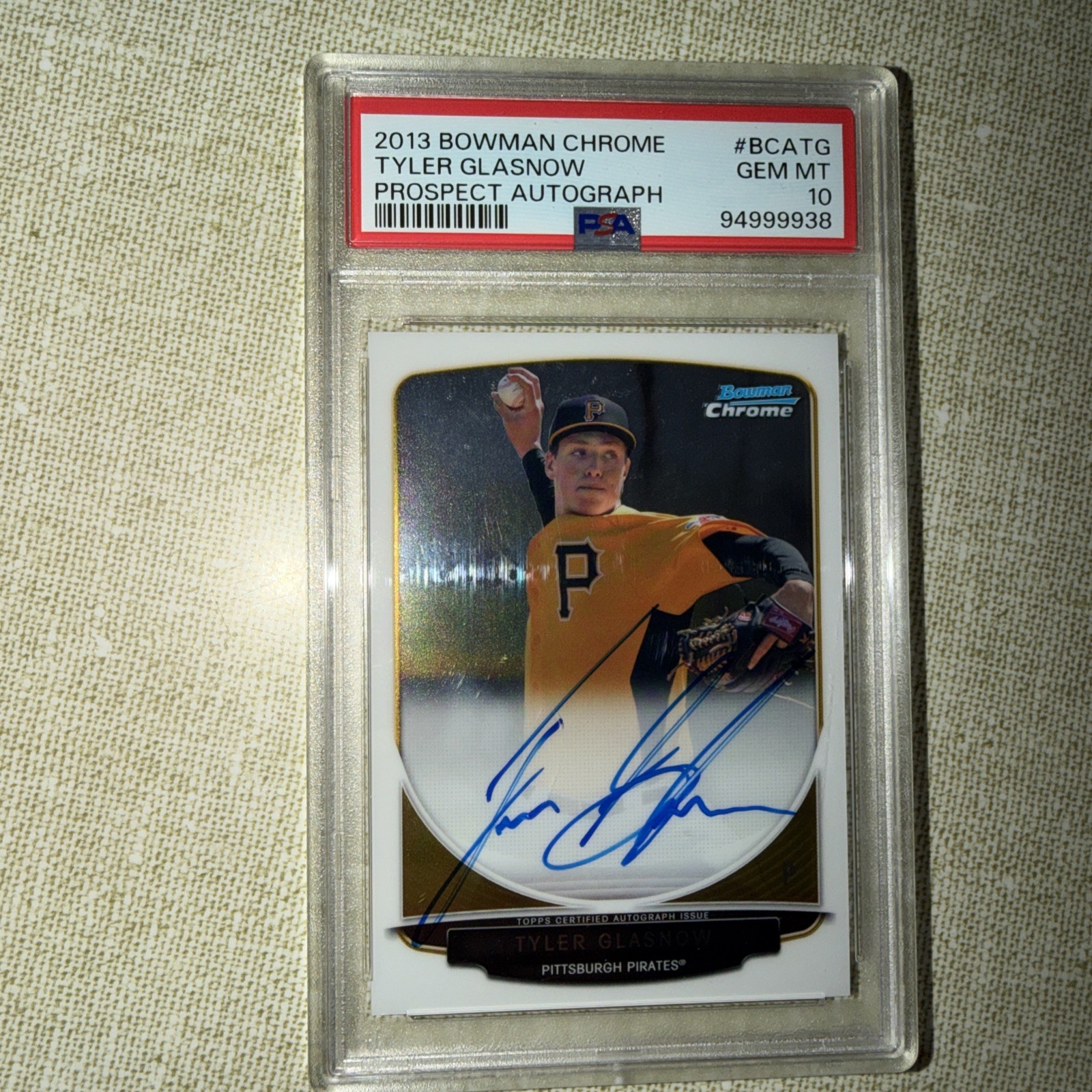 2013 Bowman Chrome TYLER GLASNOW 1st Prospect Auto #BCATG Dodgers PSA 10 Pirates