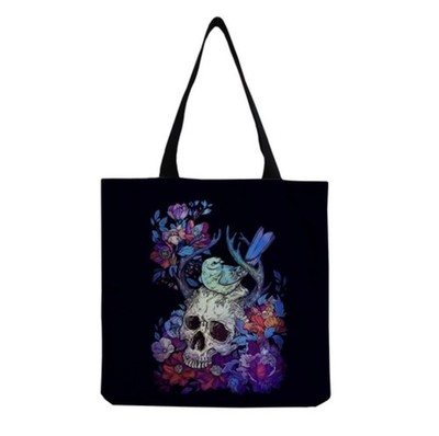 Black Tote Bag Purse Canvas Shopper Four Colorful Skulls and Flowers