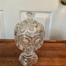 L.E Smith Clear Glass Moon & Stars Large Footed Compote Candy Dish w Lid 9”