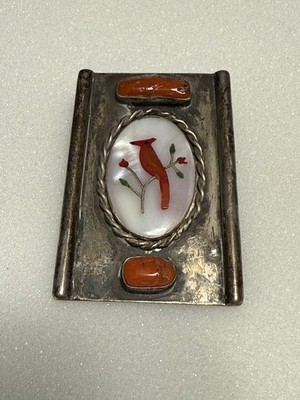 Vintage Native American Sterling Silver & Coral Bolo Tie Slider - Cardinal Inlay