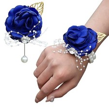Blue Bridesmaid Wrist Corsage Wedding Flowers Prom Rose Corsage and Boutonnie...