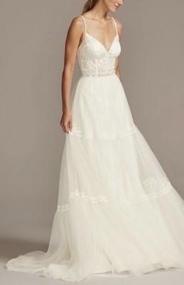 chinese dress ladies Berylove Women Ivory Wedding Dress Chiffon Tiered Long A Line Bridal Gown Dress, Ivory / US14