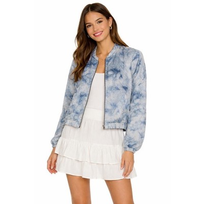 NWOT NEW Paige Rosie Huntington 100% SILK Ivory Blue Clouds Bomber Jacket L