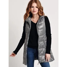 My Anorak Metallic Silver Long-Line Double Zipper Down Puffer Vest, Size XS