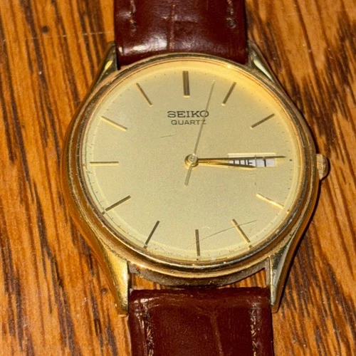 Vintage Seiko Quartz Watch 6533-8019 Men Gold Tone Leather Analog