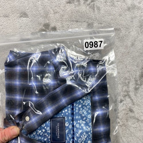7 Diamonds Shirt Black Blue Plaid Button Down Floral Contrast Stretch Casual - Picture 11 of 11