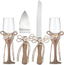 4 Pcs Set Rustic-Style Wedding Cake Knife and Server Set with Champagne Glasses
