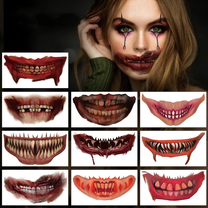 10pcs Big Mouth Tattoo Halloween Prank Makeup Temporary Tattoo